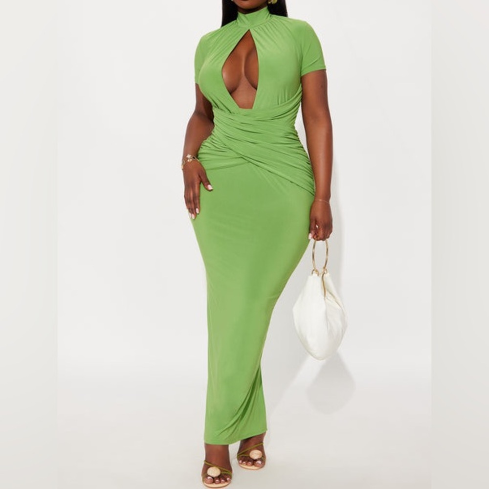 Fashion Nova Shania cut out mock neck bodycon green maxi dress